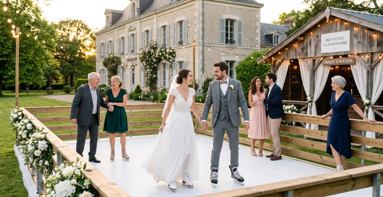 Couple de mariés patinant main dans la main sur une patinoire synthétique installée en extérieur dans un jardin de réception, entourés d'invités, décoration florale et guirlandes lumineuses, ambiance crépusculaire